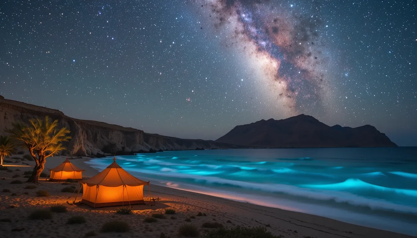 Stargazing at Delisha Beach with bioluminescent waves and Socotra tents