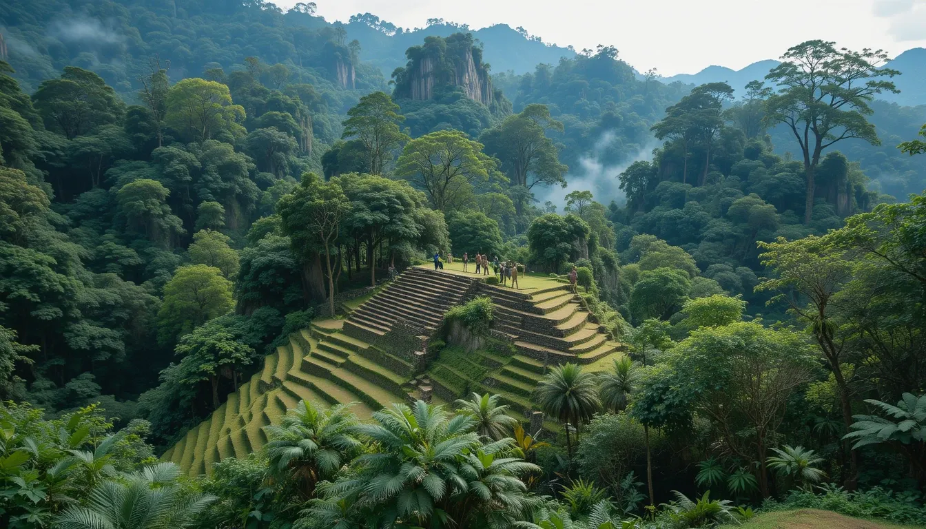 Ancient stone terraces of Ciudad Perdida (The Lost City) surrounded by lush Colombian jungle