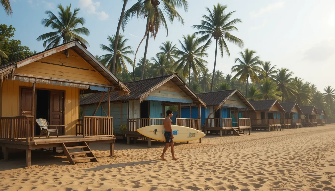 Surfer in Mirissa, Sri Lanka, with budget beach huts and palm trees
