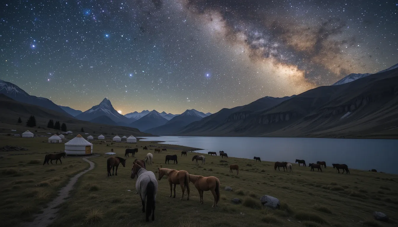 Nomadic yurts under stars at Song-Köl Lake, Kyrgyzstan