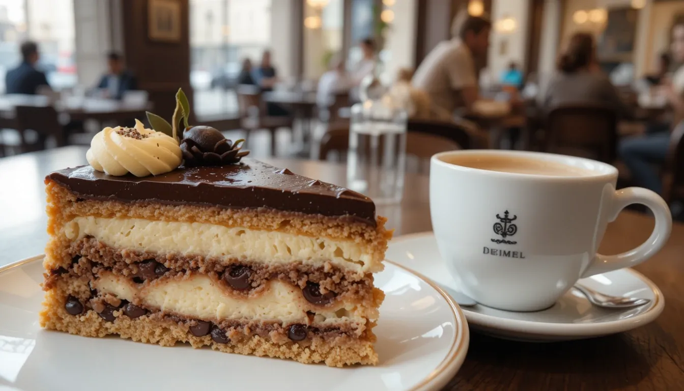 Traditional Viennese Sachertorte and coffee at Demel pastry shop