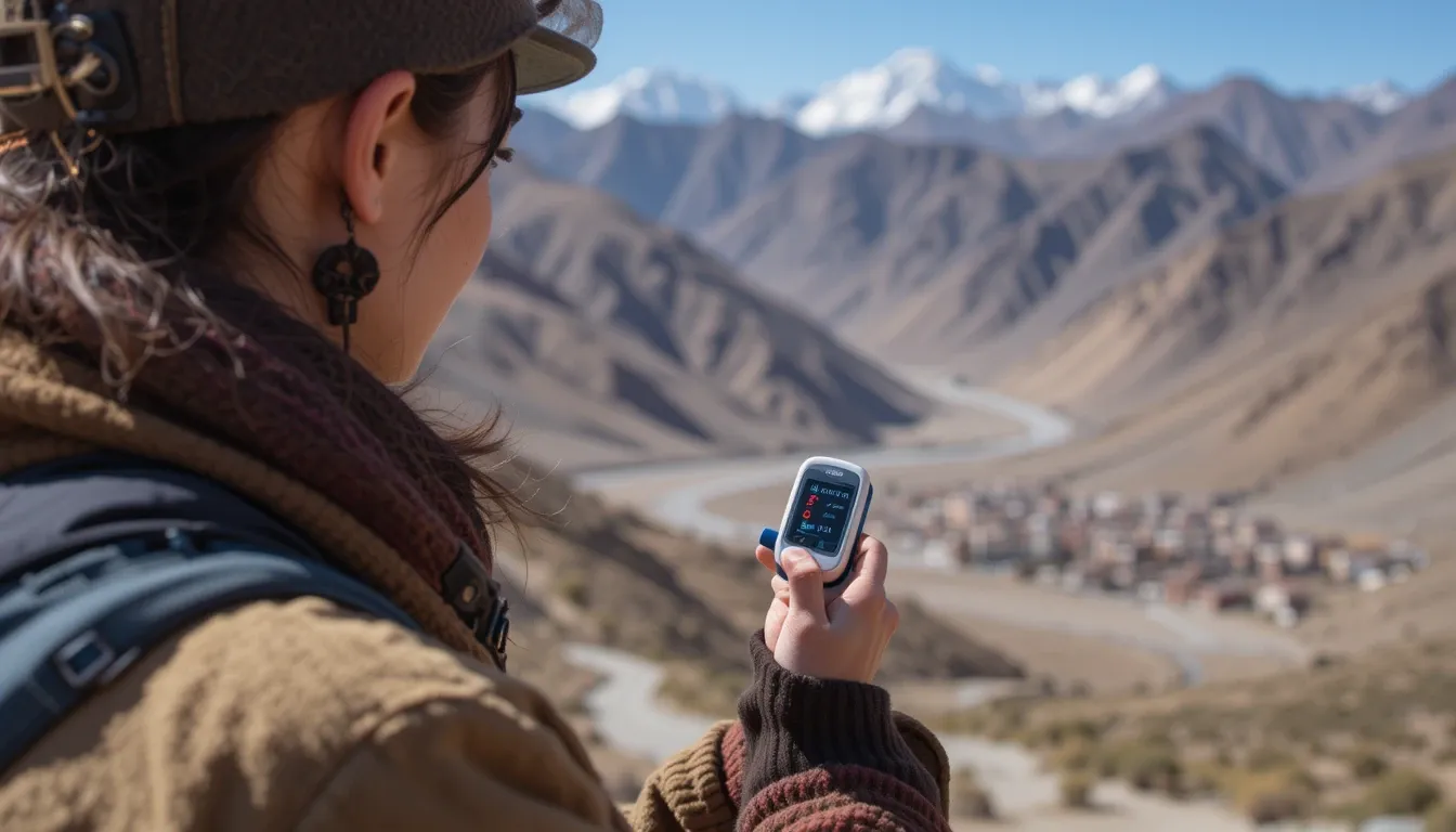 Traveler monitoring oxygen levels in La Paz with Andes mountains