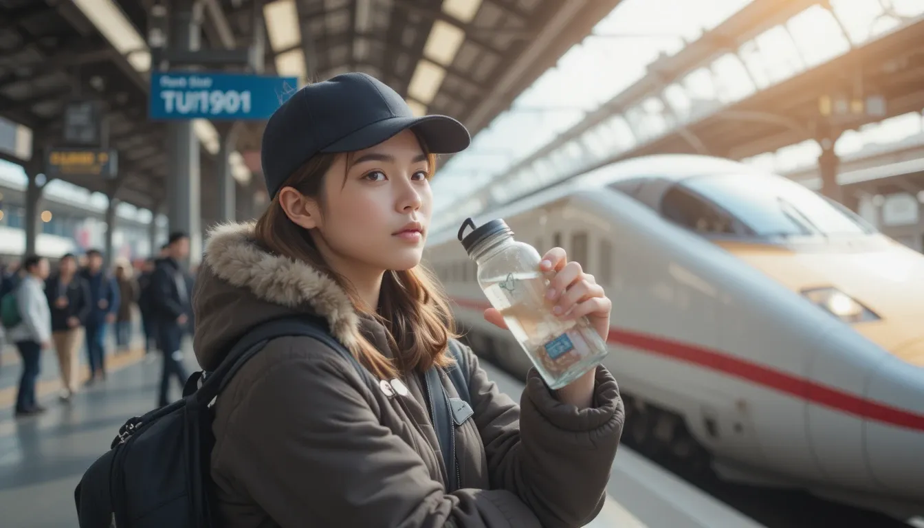 Eco-conscious traveler with reusable bottle at Tokyo Station