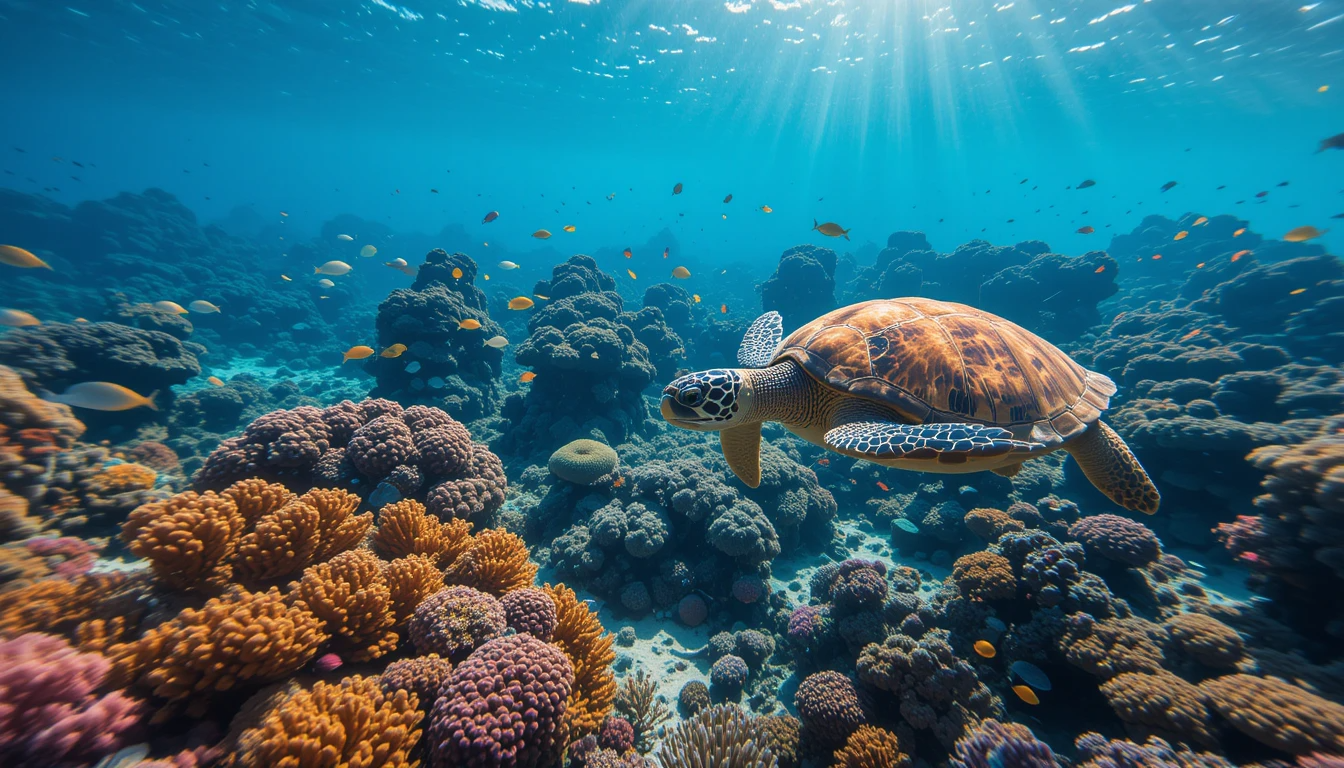 Vibrant coral reef with parrotfish and sea turtle in clear Red Sea waters near Pharaoh's Island Egypt