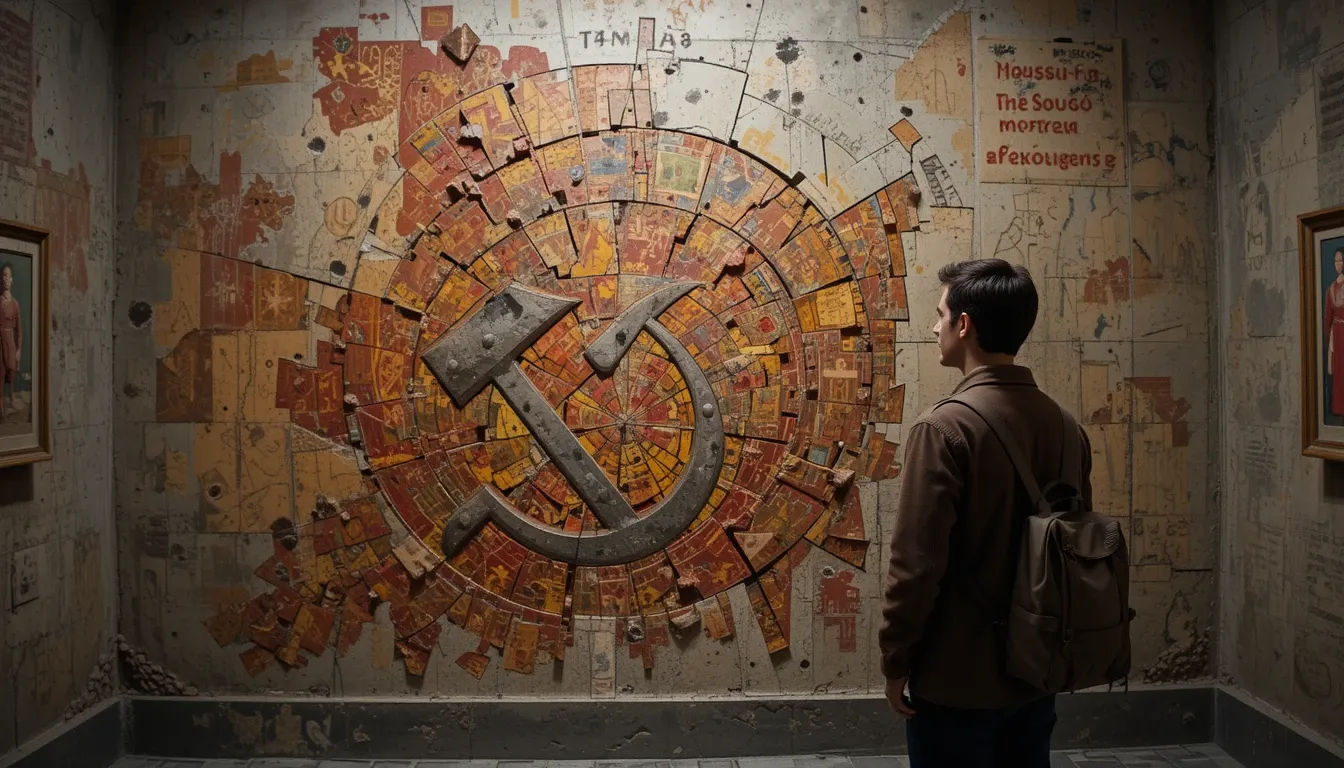 Visitor contemplating a mural of a fractured communist emblem in a bunker gallery