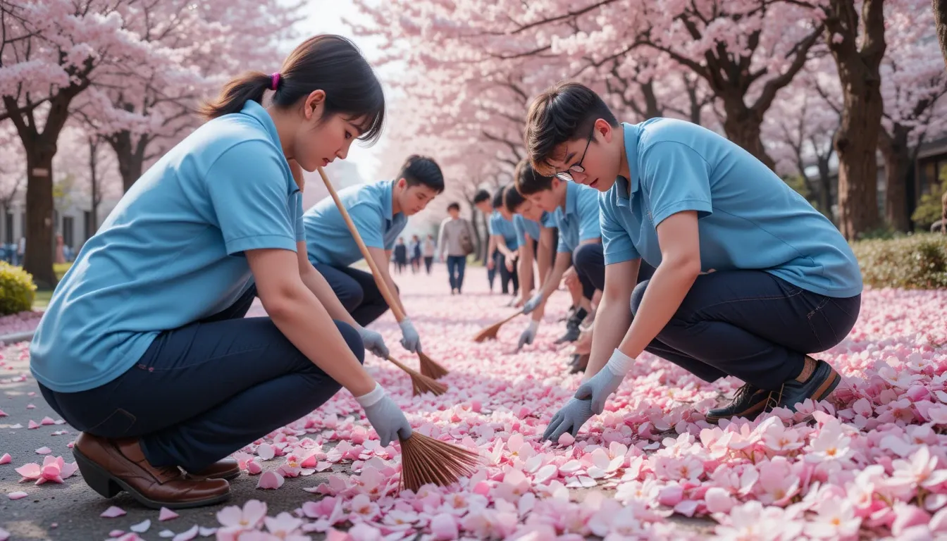 Eco-volunteers cleaning during sakura festival