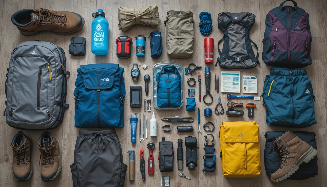 Essential adventure travel gear including hiking boots, moisture-wicking clothing, water filtration, first-aid kit, and navigation tools