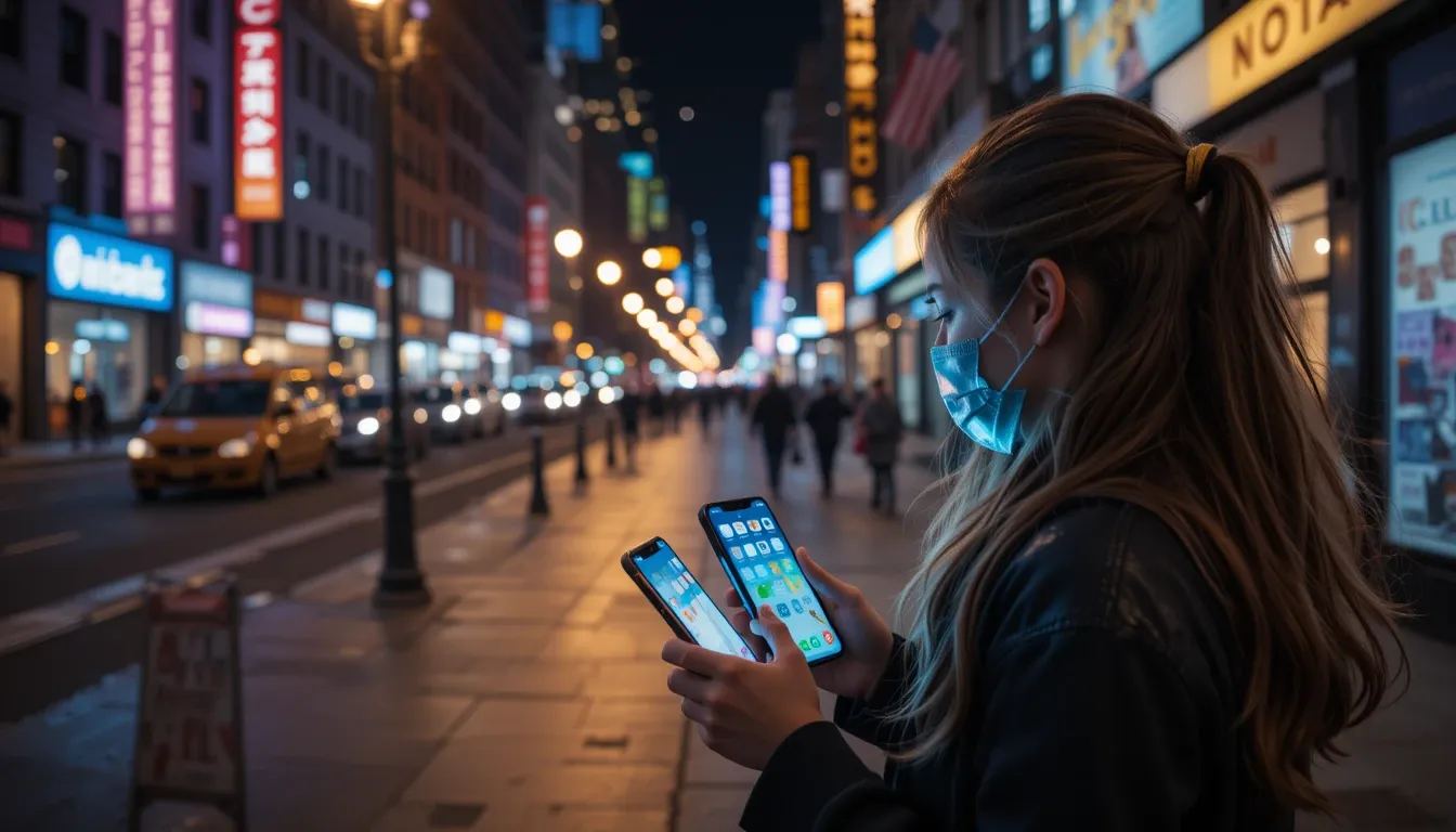 Woman using augmented reality safety app on NYC illuminated sidewalk at night