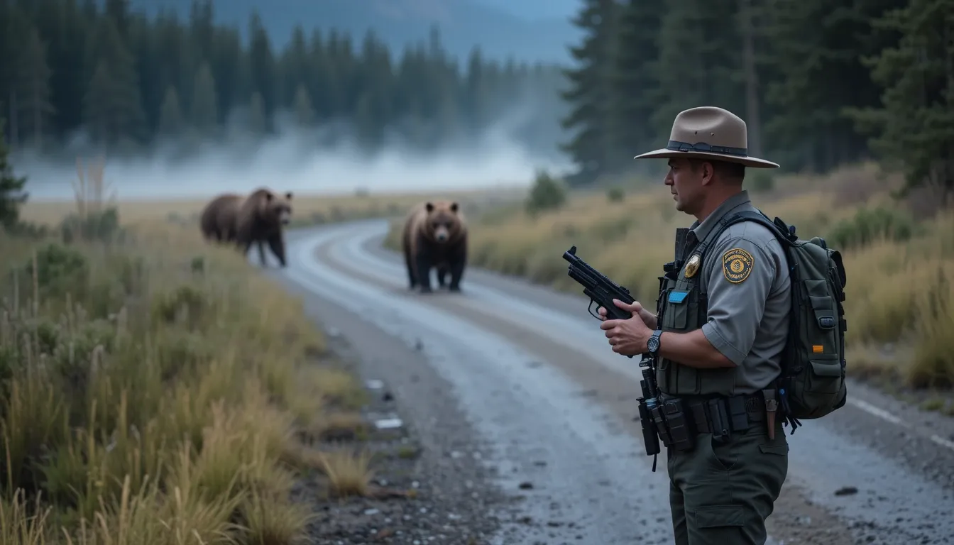 Yellowstone ranger teaching bear spray use at dawn with grizzly bears in distance