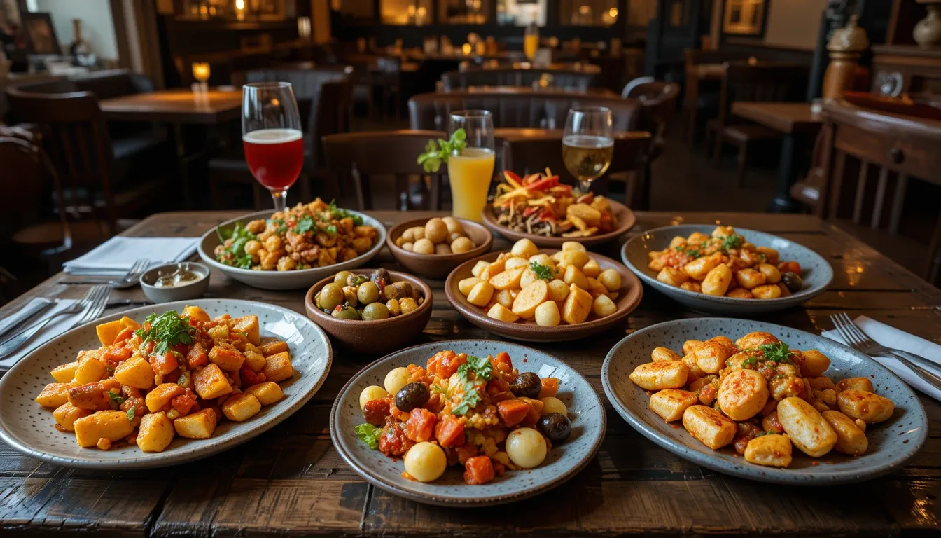 A colorful platter of traditional Spanish tapas served in a cozy Barcelona tavern