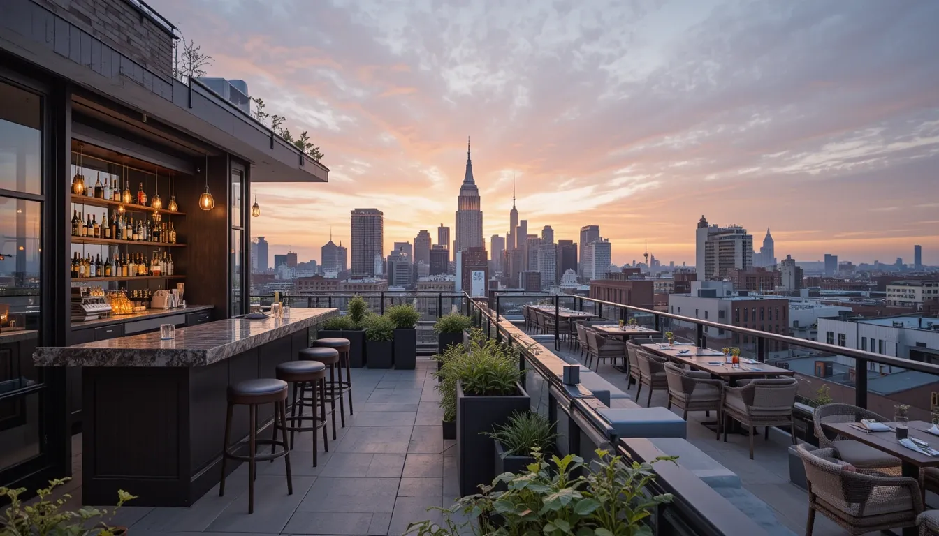 Pod Hotel Brooklyn rooftop bar overlooking NYC skyline