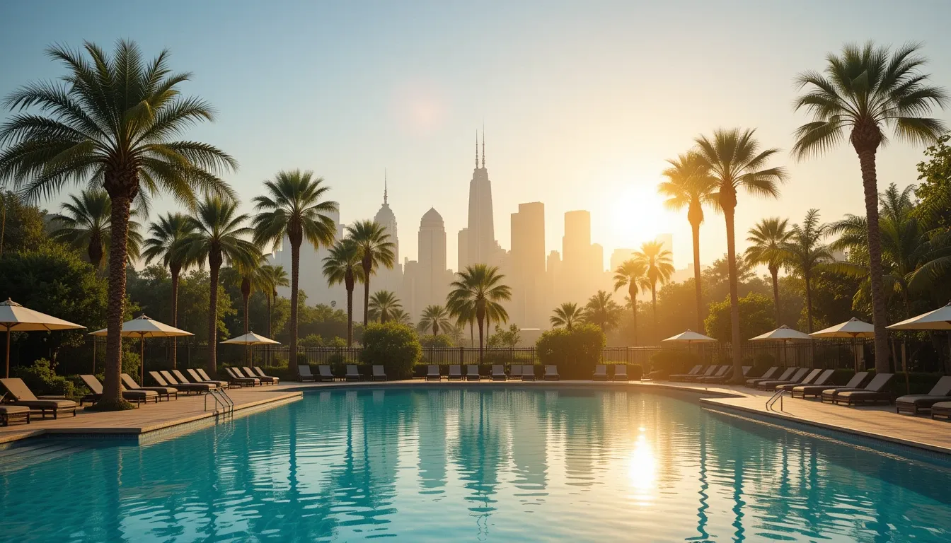 "Sunset over the Palms Casino Resort rooftop pool in Las Vegas"