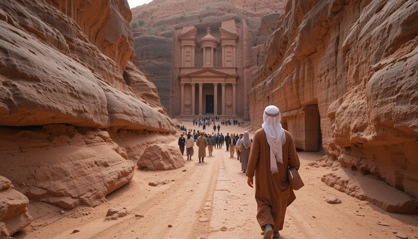 A traditional Bedouin guide leading tourists through Petra's ancient pathways