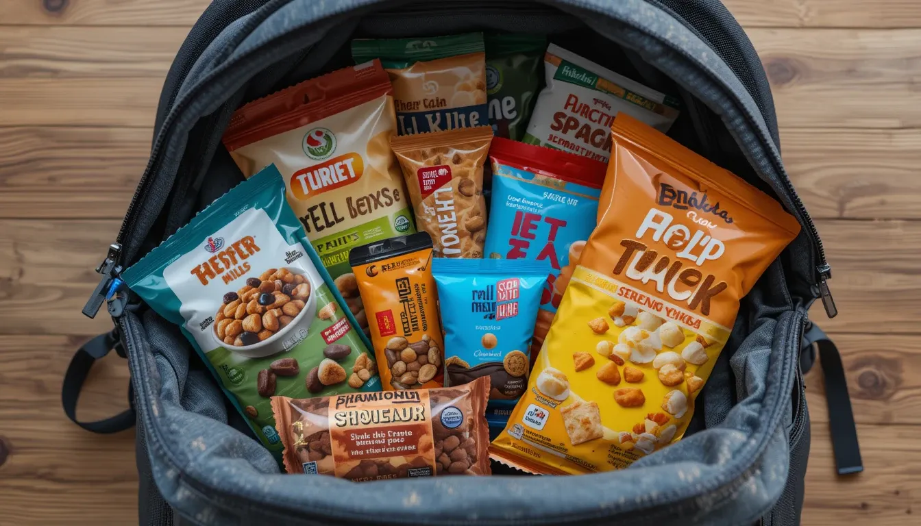 Travel backpack showing safe, non-perishable foods for a trip