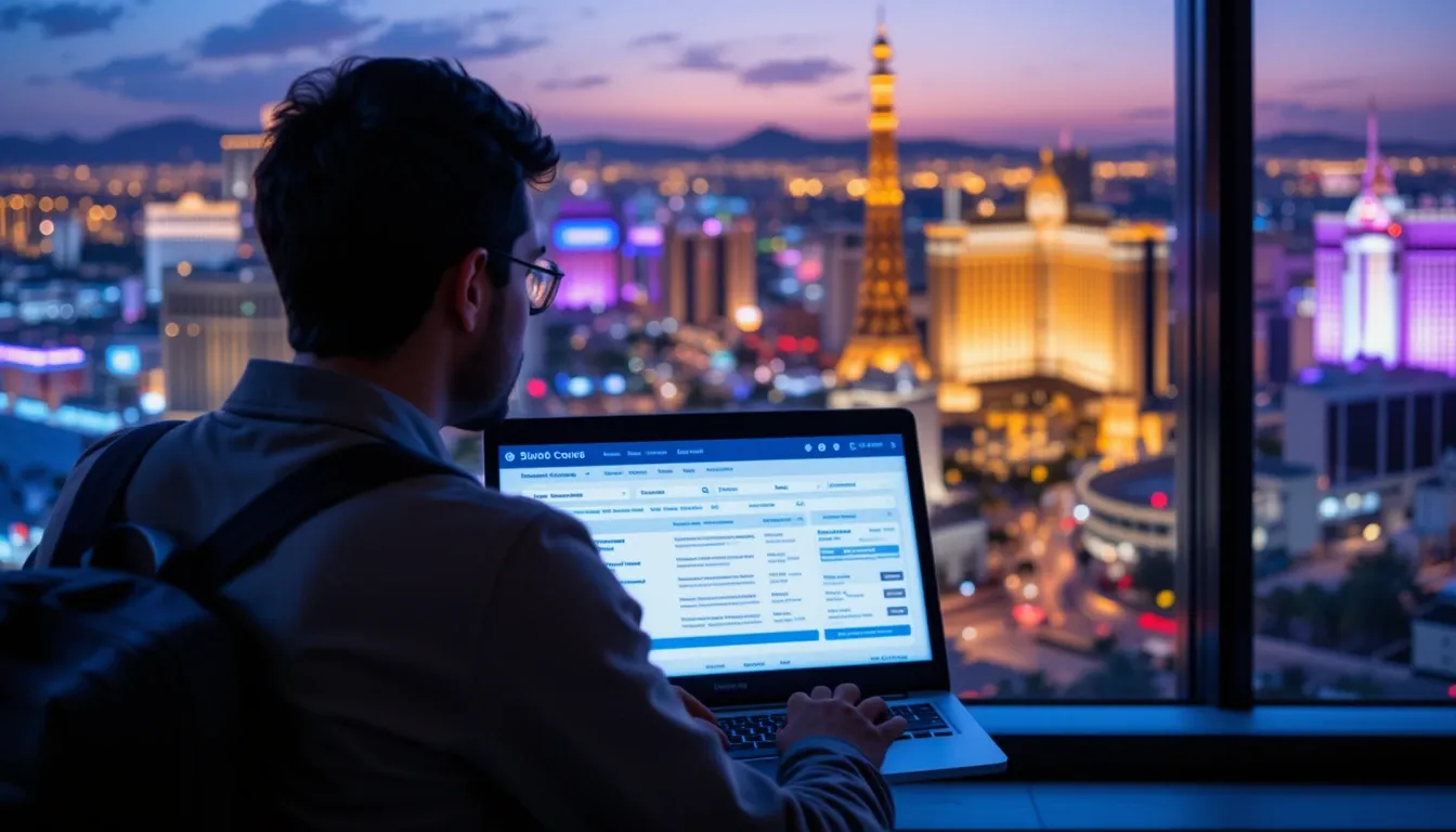 Woman researching cheap flights to Las Vegas on laptop