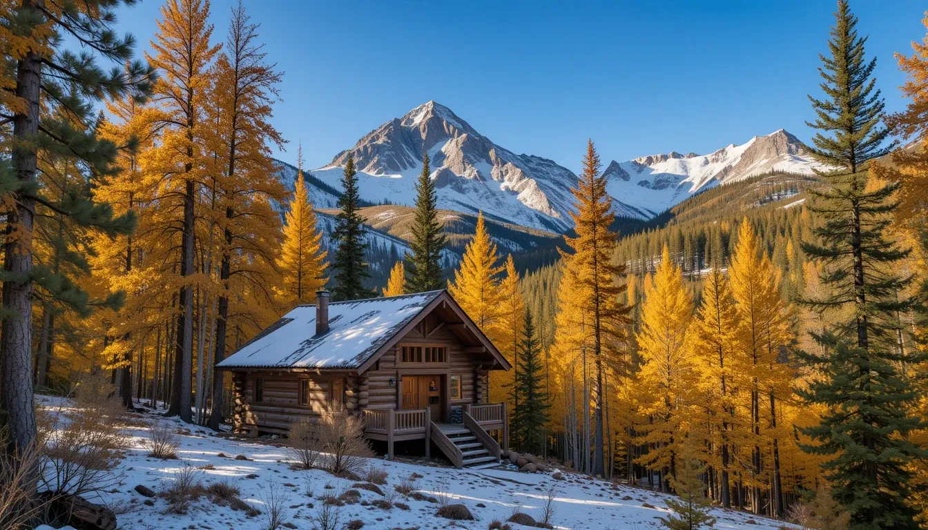 Rustic cabin in Colorado Rockies surrounded by fall foliage