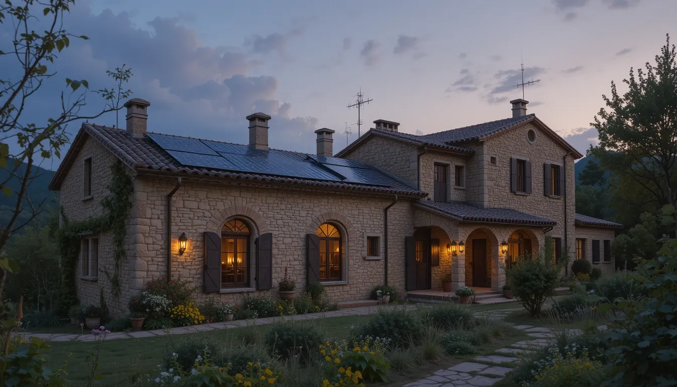 Ancient Catalan farmhouse with solar panels and AR vineyard tour guides, dusk lighting --v 6.0