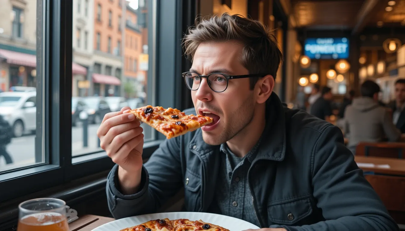 Budget traveler enjoying affordable pizza at Prince Street Pizza in New York City