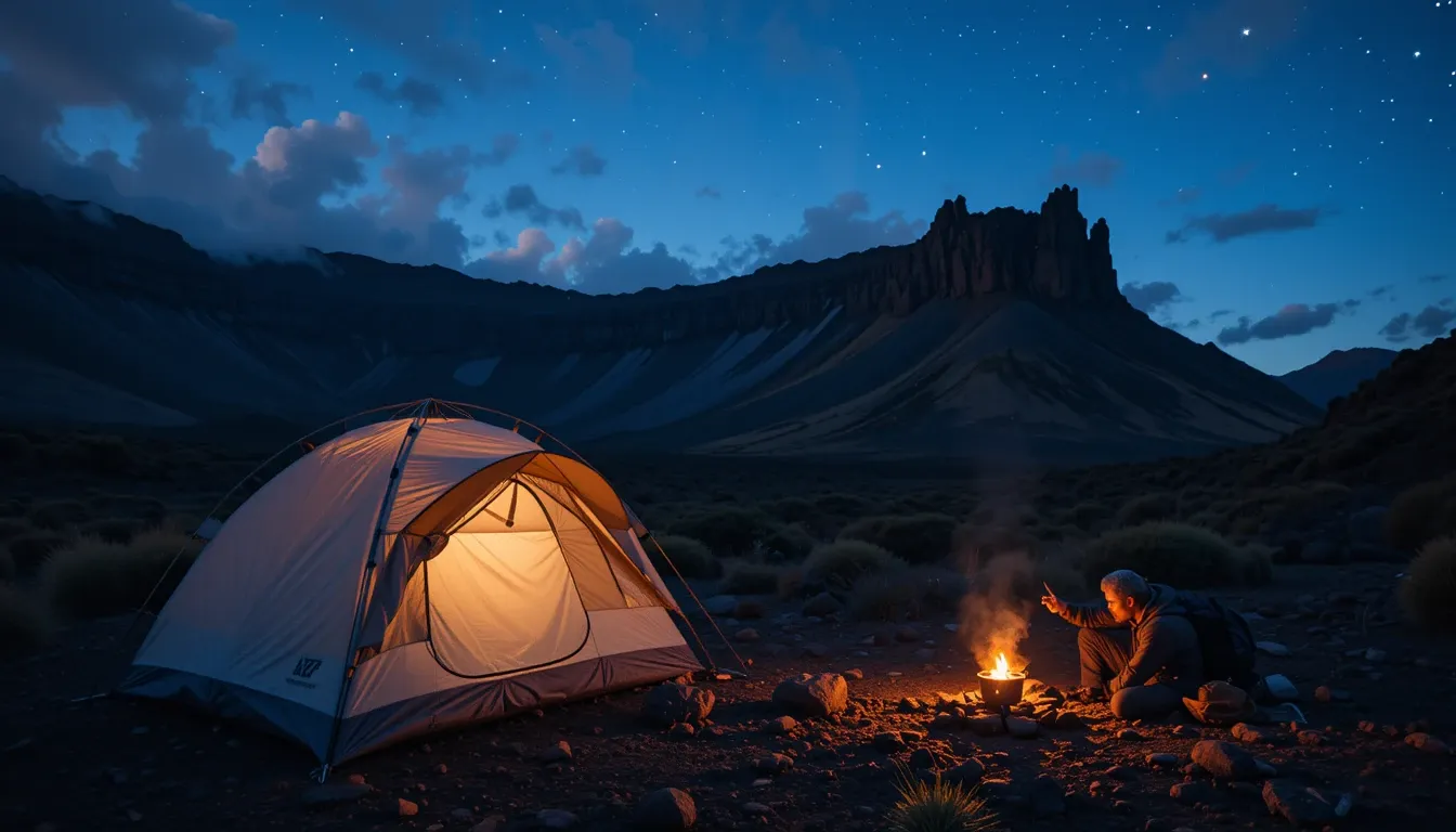 Campsite at dusk in Hawaiʻi Volcanoes National Park with tent and volcanic landscape