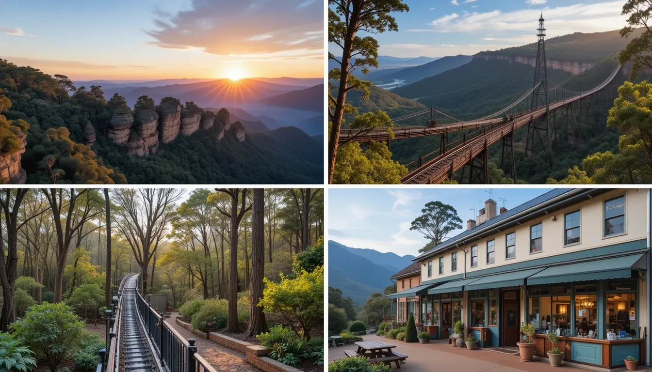 Collage of Blue Mountains attractions including sunrise at Echo Point with the Three Sisters rock formation