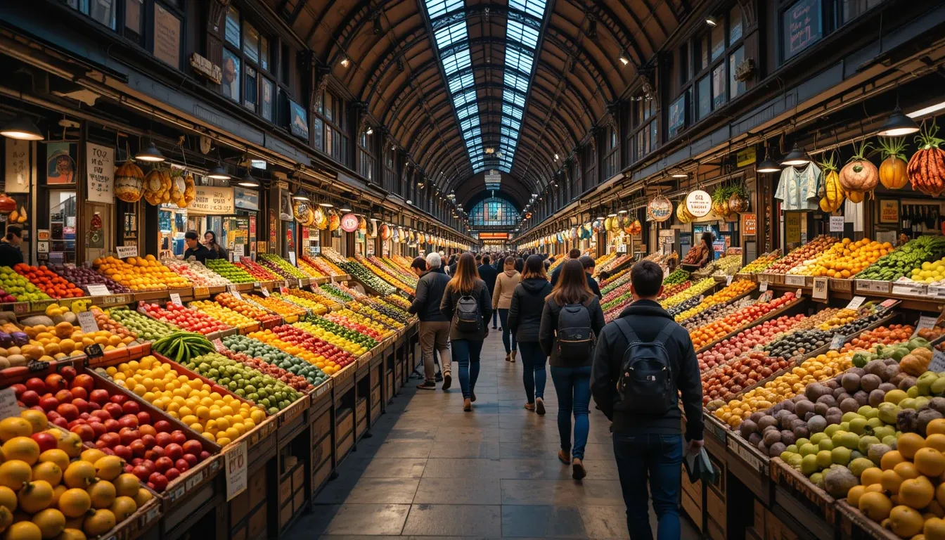 Colorful fruit and vegetable stalls inside Mercat de la Boqueria in Barcelona