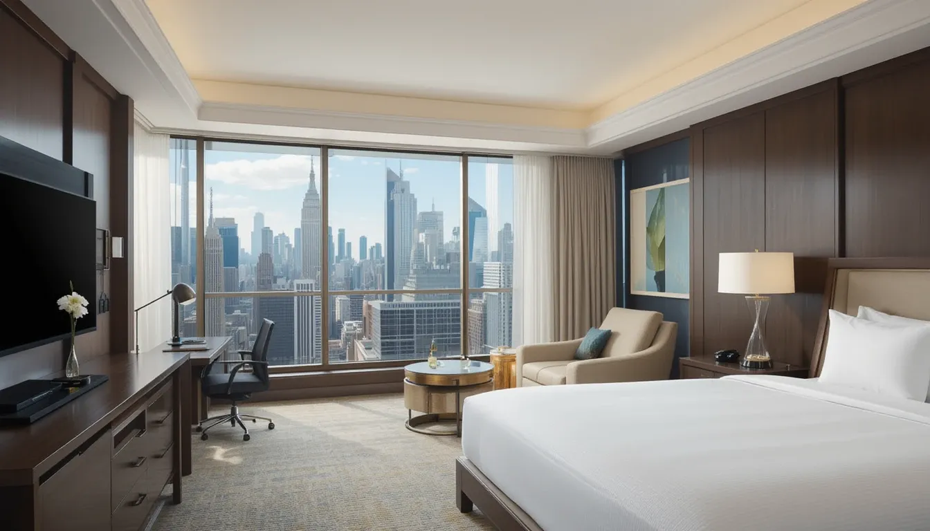 Cozy hotel room in NYC with skyline view, perfect for travelers using book now pay later options.