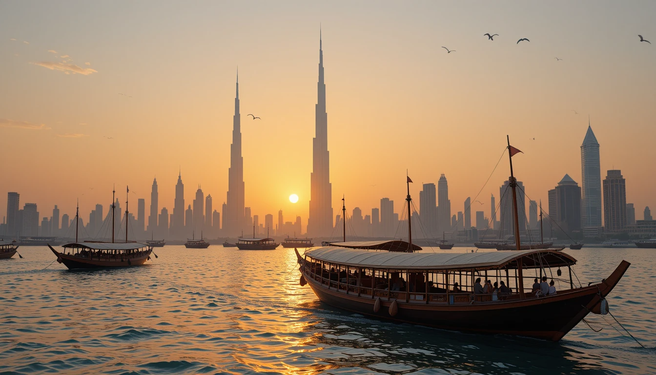 Dhow boats sailing on Dubai Creek at sunset, with modern skyline in the background
