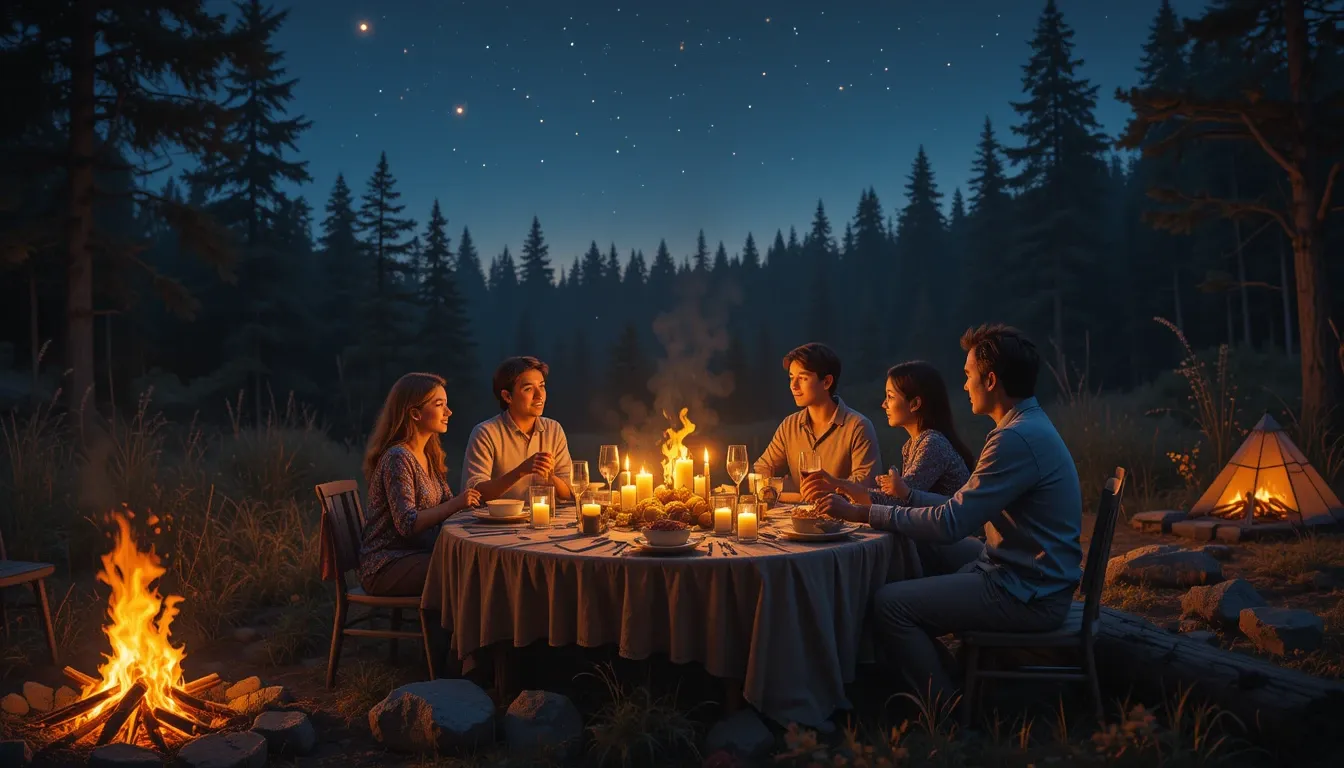 Family dining under the stars during an off-grid adventure, surrounded by candlelight and forest beauty.