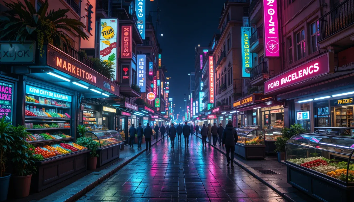 Futuristic Barcelona with sustainable food markets and AR interfaces, neon-lit streets, cyberpunk aesthetic --v 6.0
