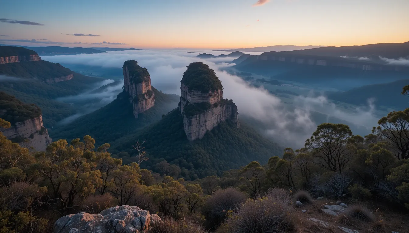"Golden sunrise illuminating the Three Sisters rock formation in the Blue Mountains, New South Wales."
