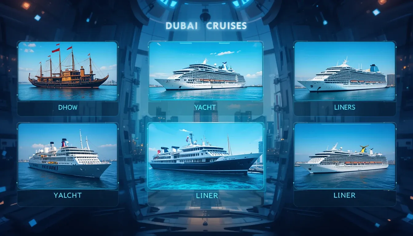 Guide to types of romantic night cruises in Dubai including dhow, yacht, and luxury liners