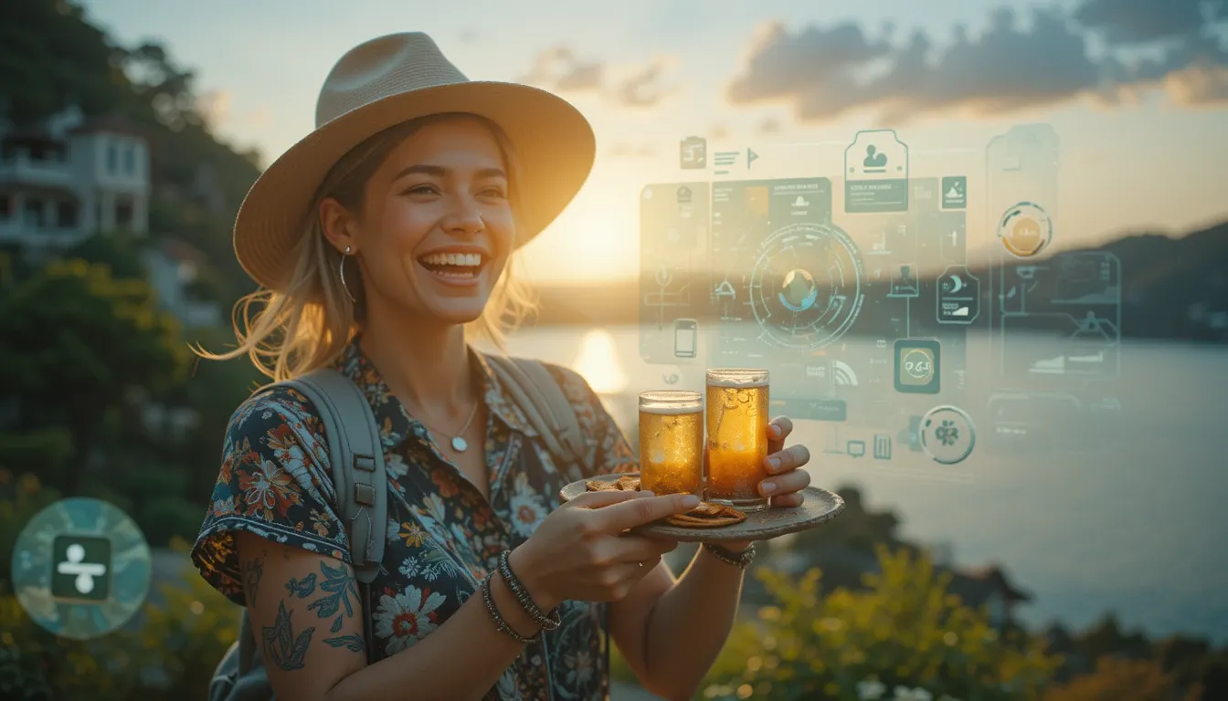 Happy traveler holding eco-tapas with AR interface overlay, golden hour --v 6.0