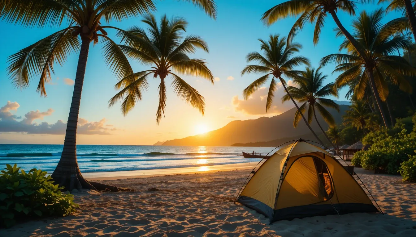 Hawaiian beach campsite at sunrise with tent and ocean view