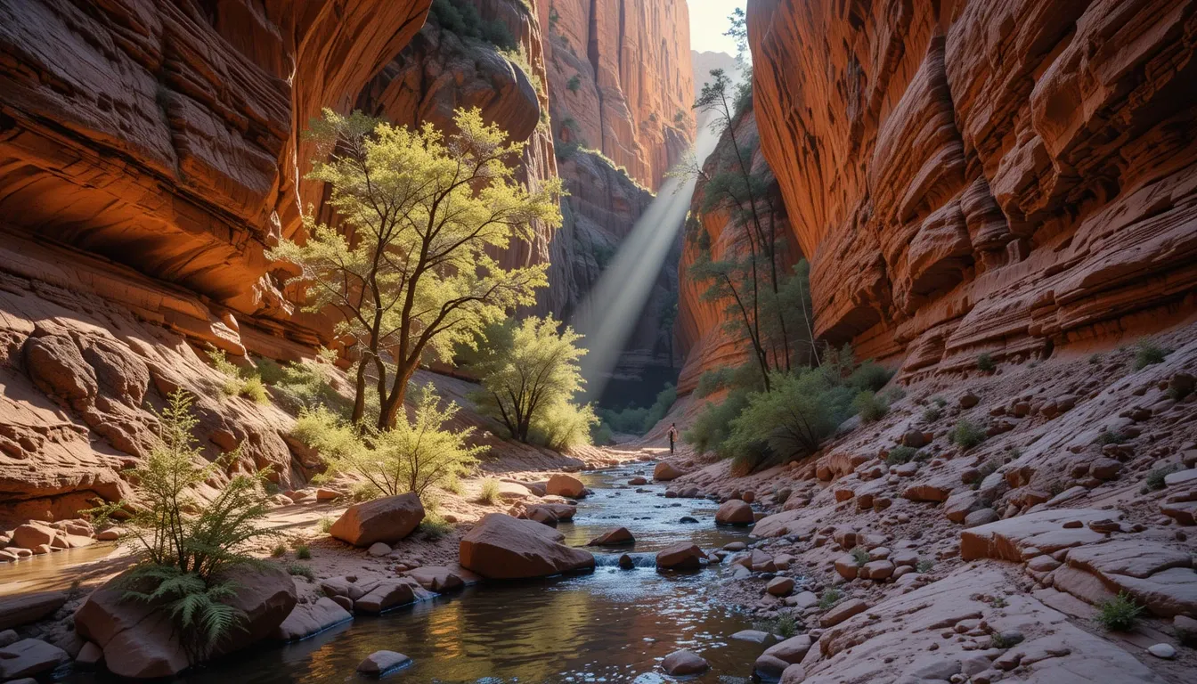 Hidden canyon with red rocks and stream in Sedona’s wilderness