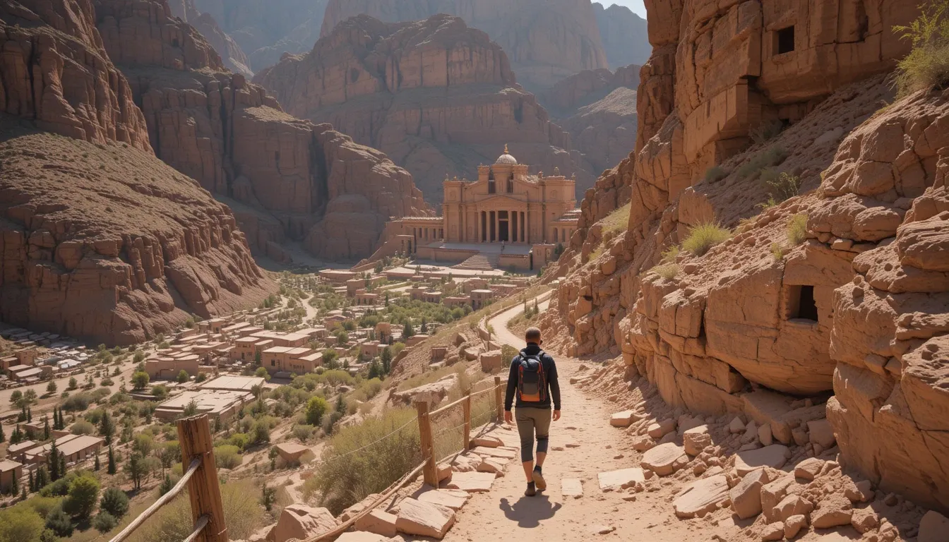Hiker walking up stone steps toward Ad Deir in Petra, surrounded by desert landscape