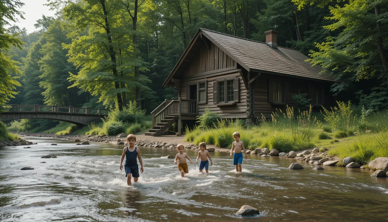 Kids playing in a river near an eco-friendly cabin during a nature-filled family vacation