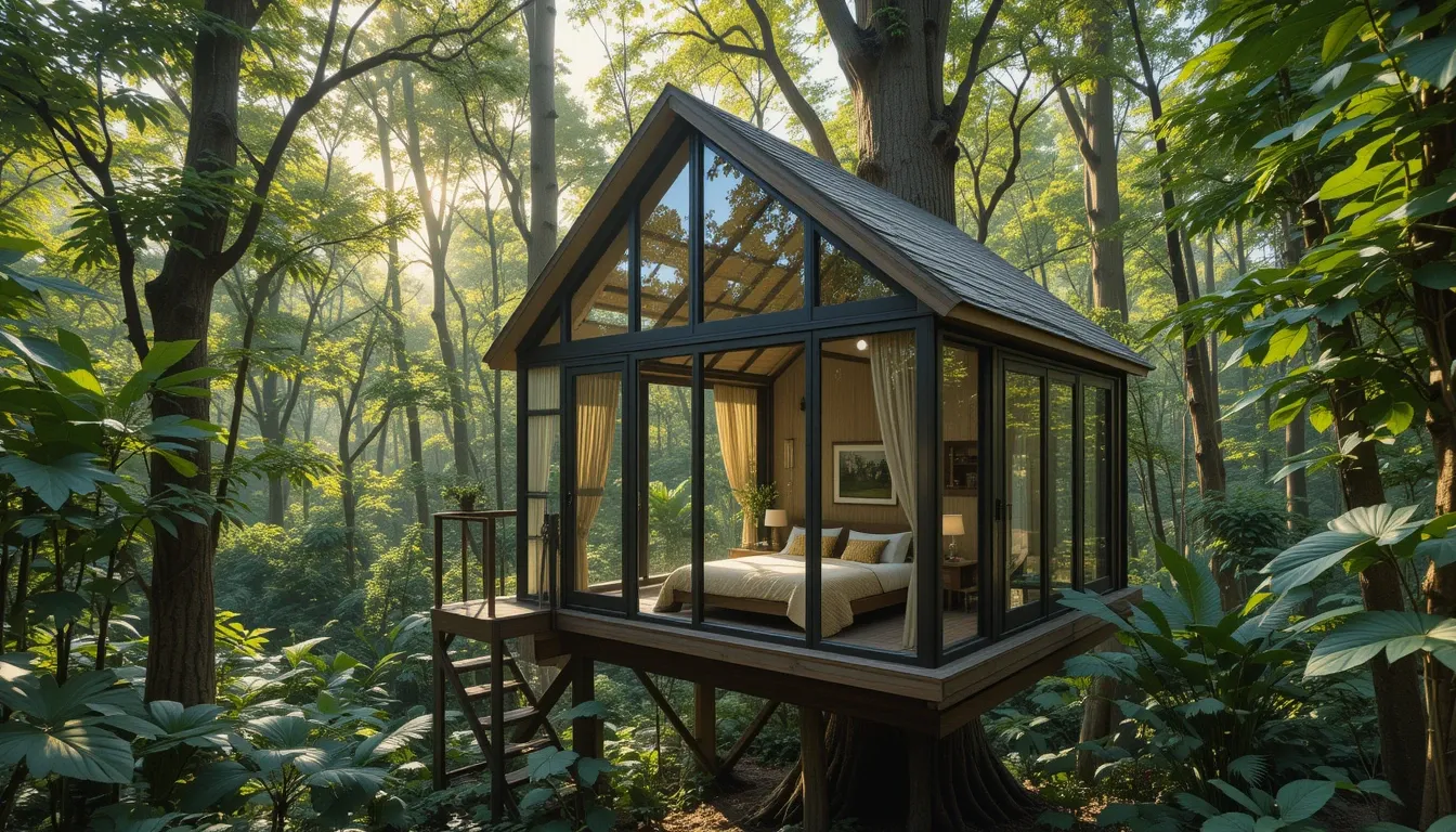 Luxurious treehouse hidden in a lush forest canopy, offering panoramic views of nature