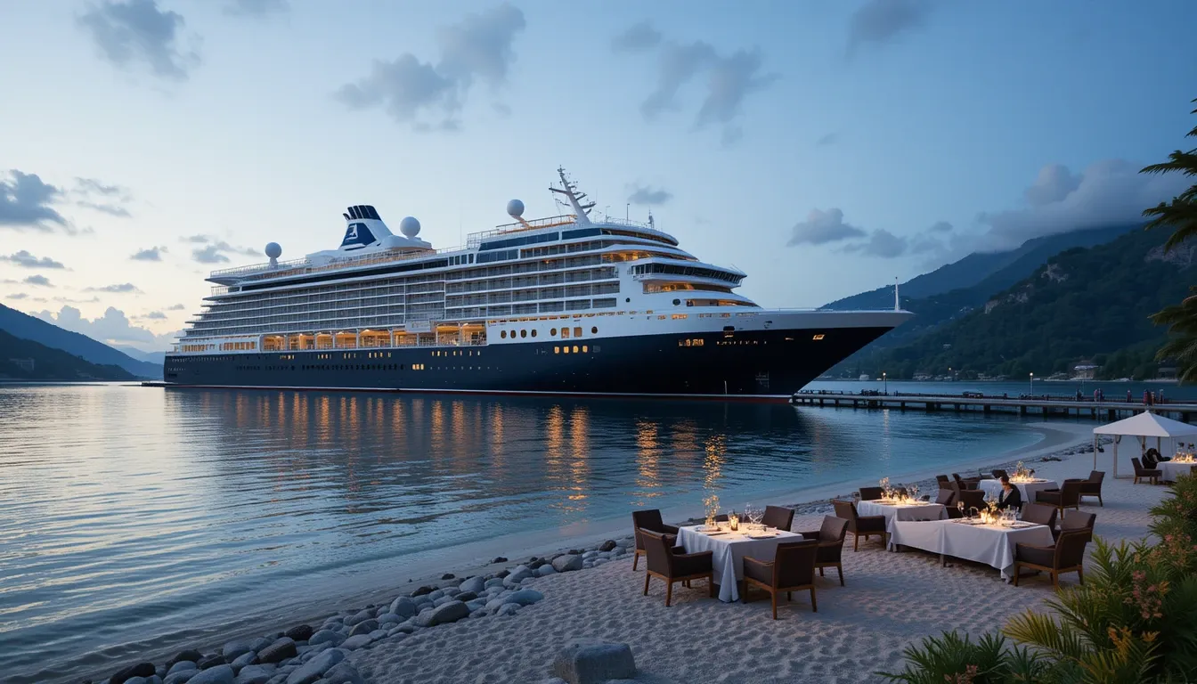 Luxury cruise guests enjoying a private beach dinner during a Seabourn cruise