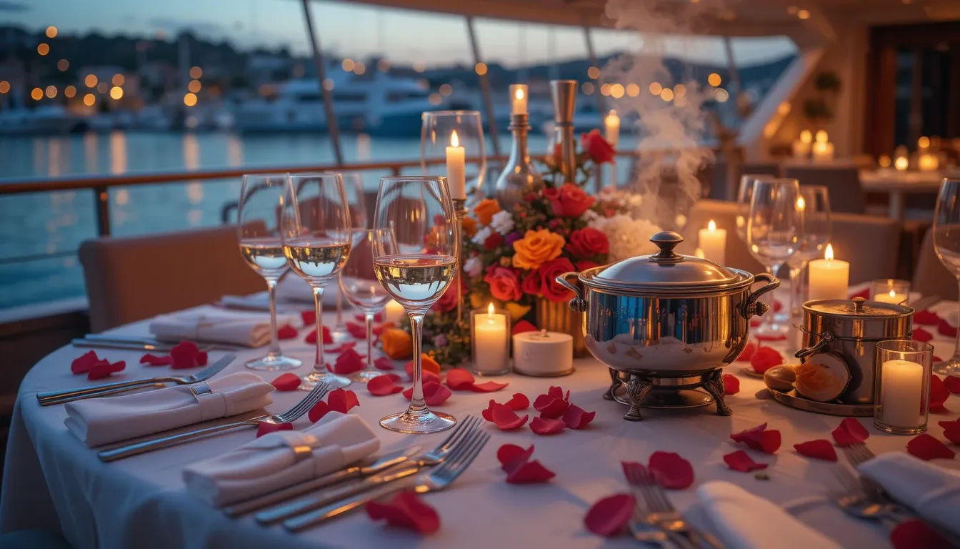Luxury onboard dining during Dubai night cruise with romantic table setting