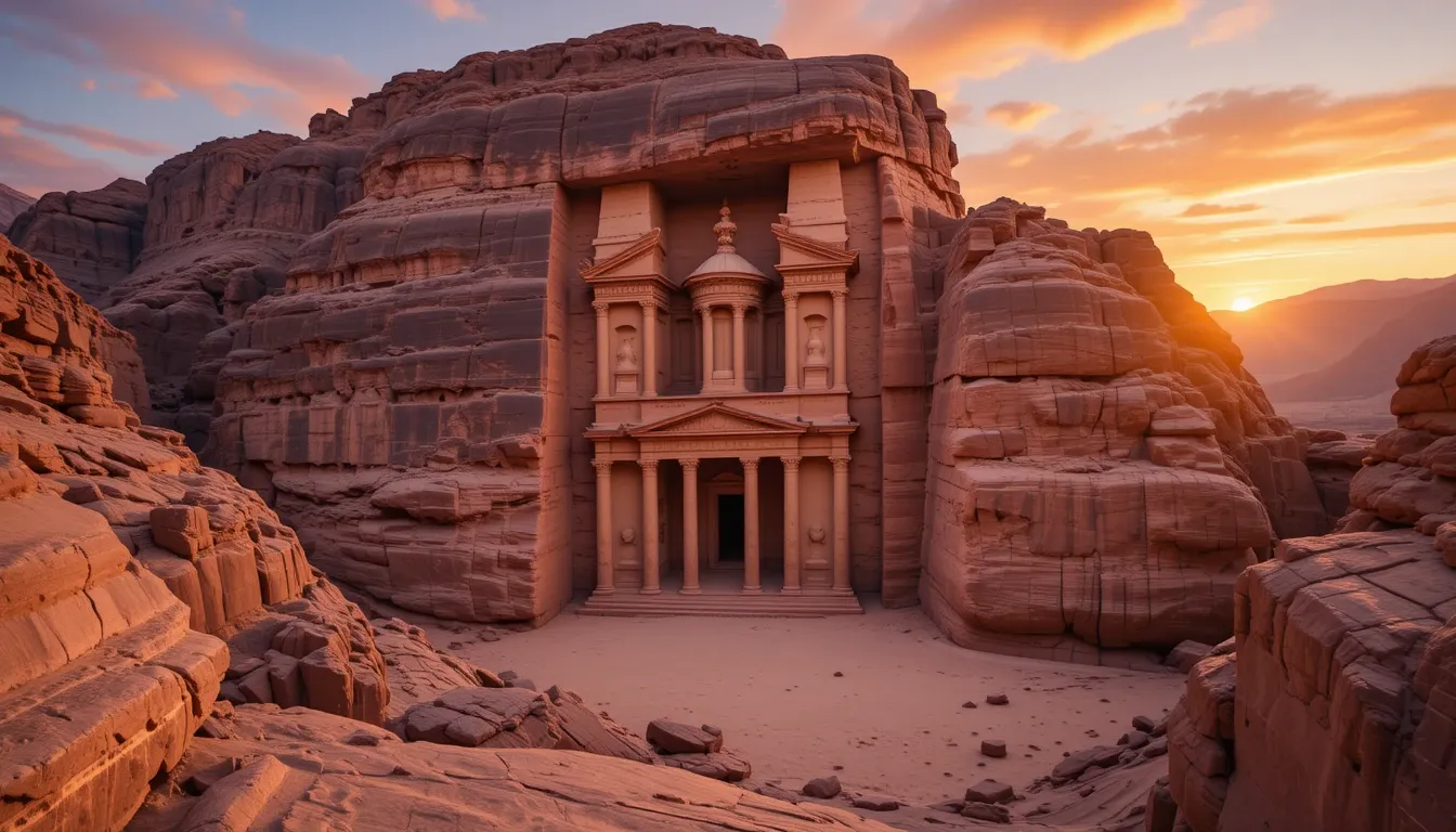 Majestic view of Al-Khazneh at sunrise, illuminated by golden light in Petra, Jordan