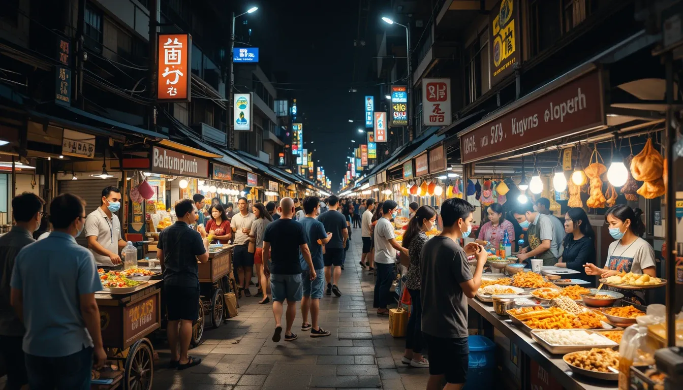 Nighttime view of a bustling Bangkok street food market with glowing stalls and smiling diners