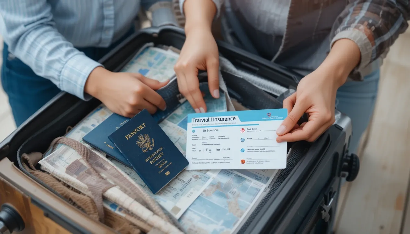 Packing essentials including travel insurance before an international trip.