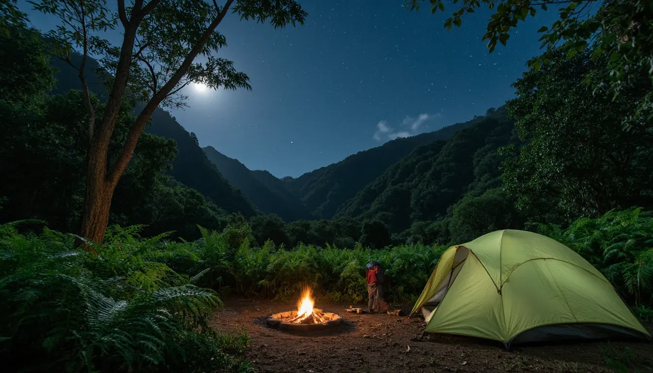 Rainforest campsite in Hawaiian state park with tent and campfire