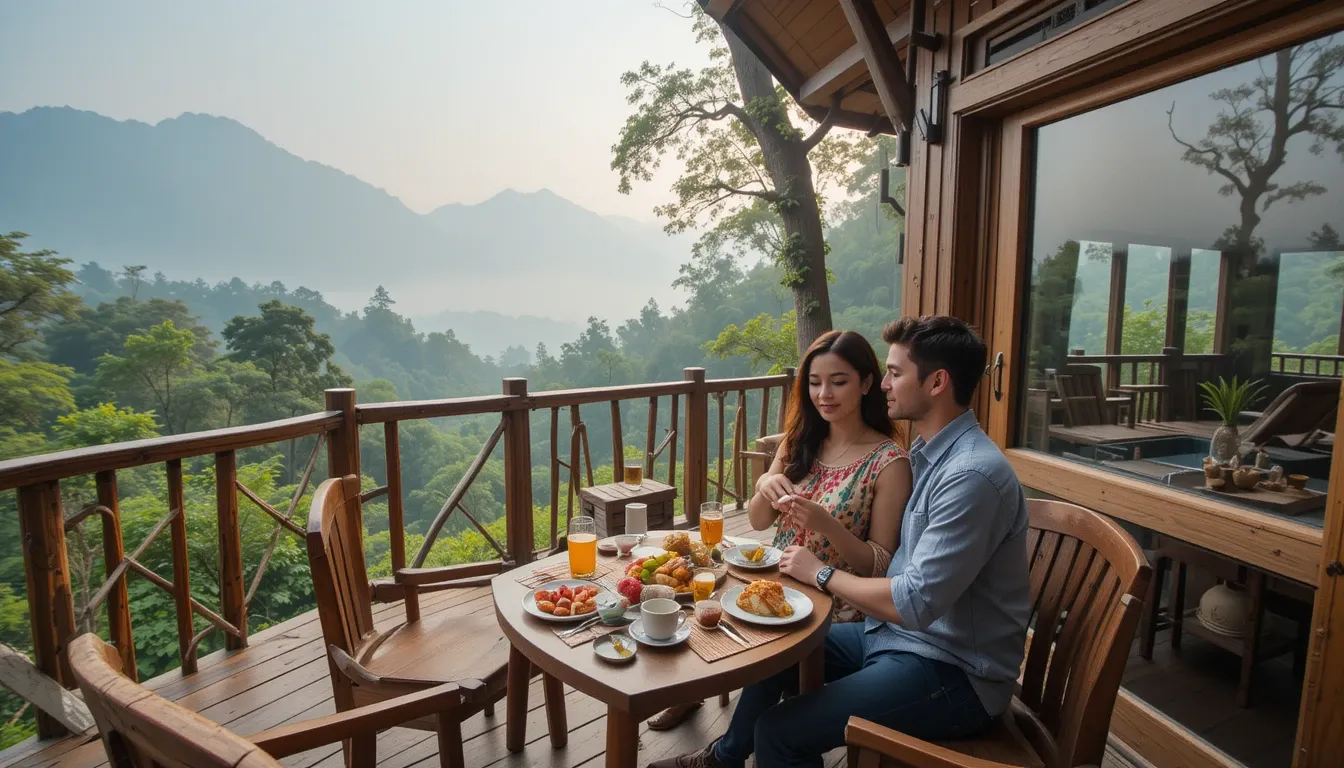 "Romantic breakfast setup on a treehouse deck surrounded by serene forest landscapes."