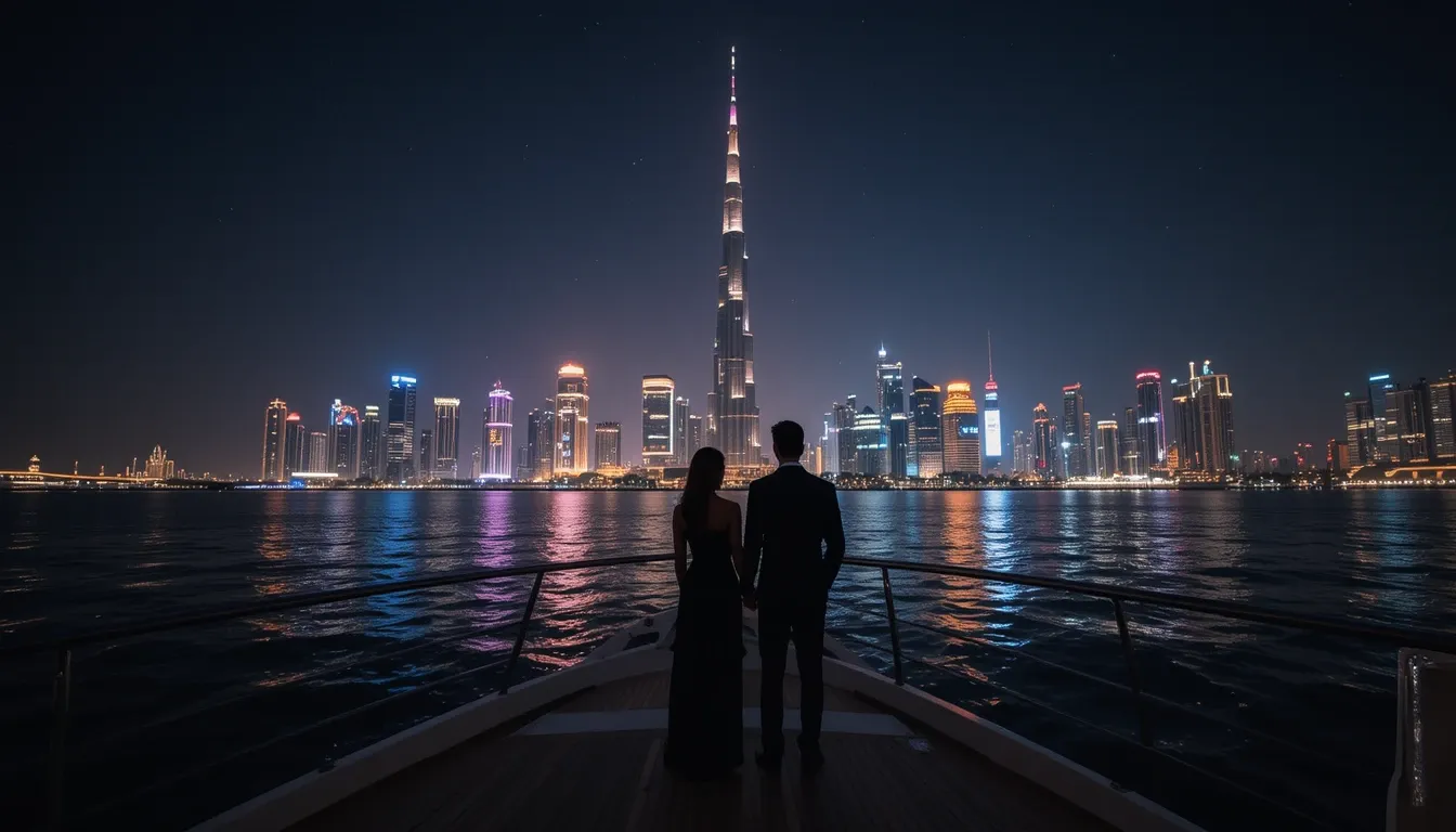 Romantic moment on Dubai night cruise with iconic skyline view and private yacht
