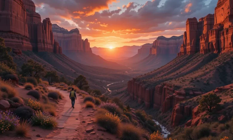 Sedona Arizona red rock landscape with hiker, vortex energy glow, and hidden canyon at sunrise