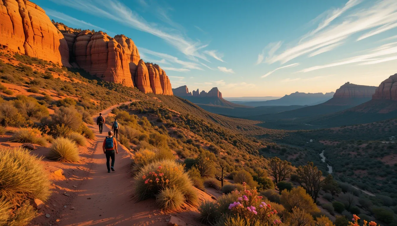 Sedona red rock formations at sunrise with hikers exploring Bell Rock