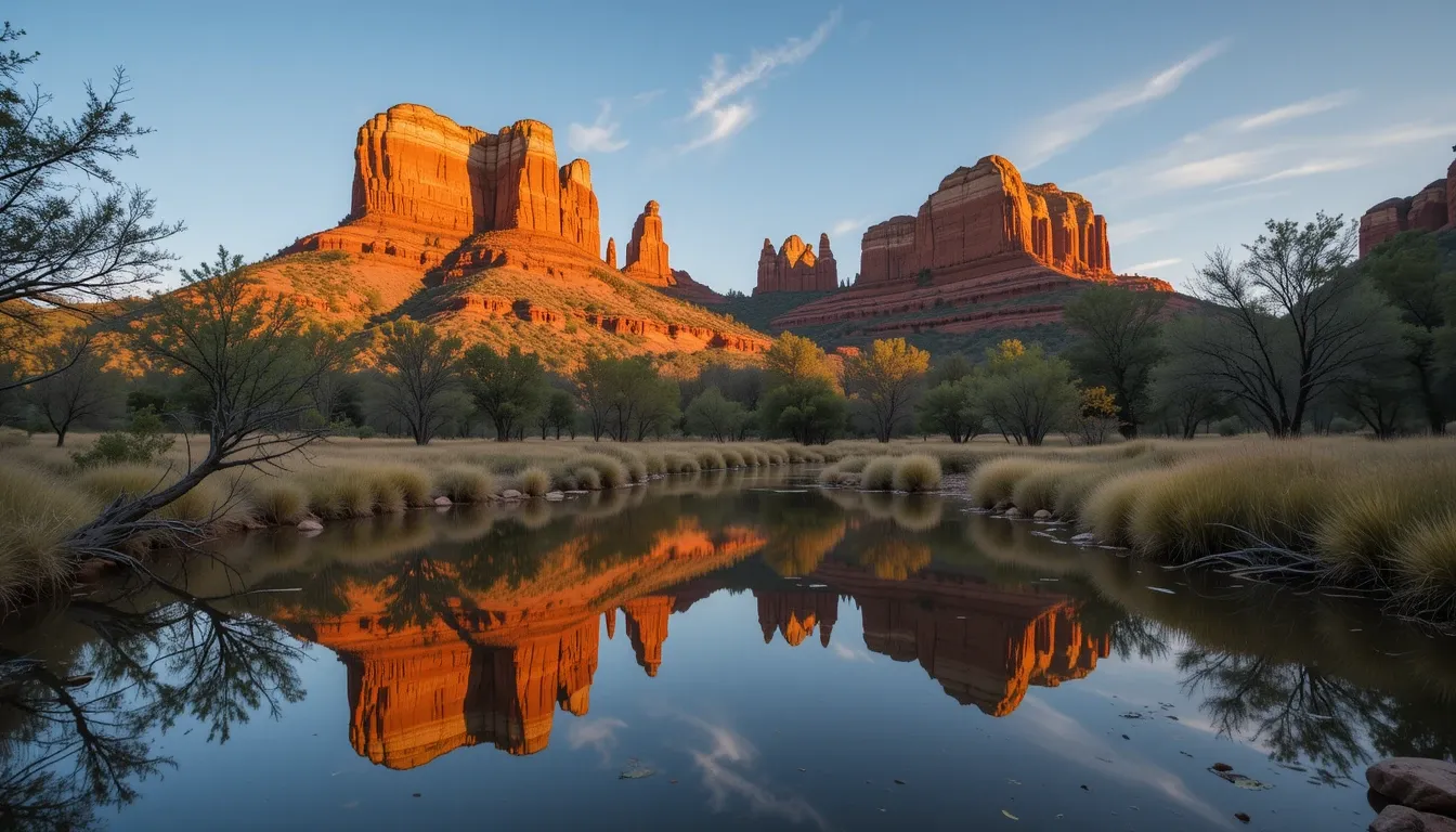 Stunning sunset at Red Rock Crossing in Sedona with reflections of red rocks in calm water