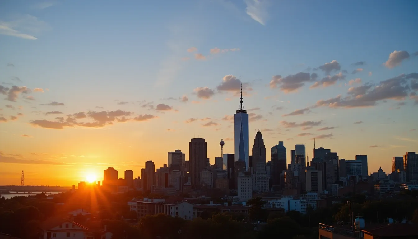 Sunset view from Roosevelt Island Tramway overlooking Manhattan