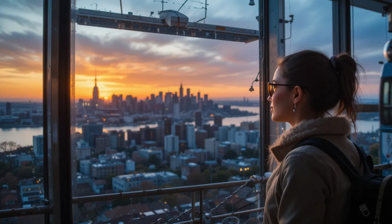 Sunset view from Roosevelt Island Tramway showing New York City skyline
